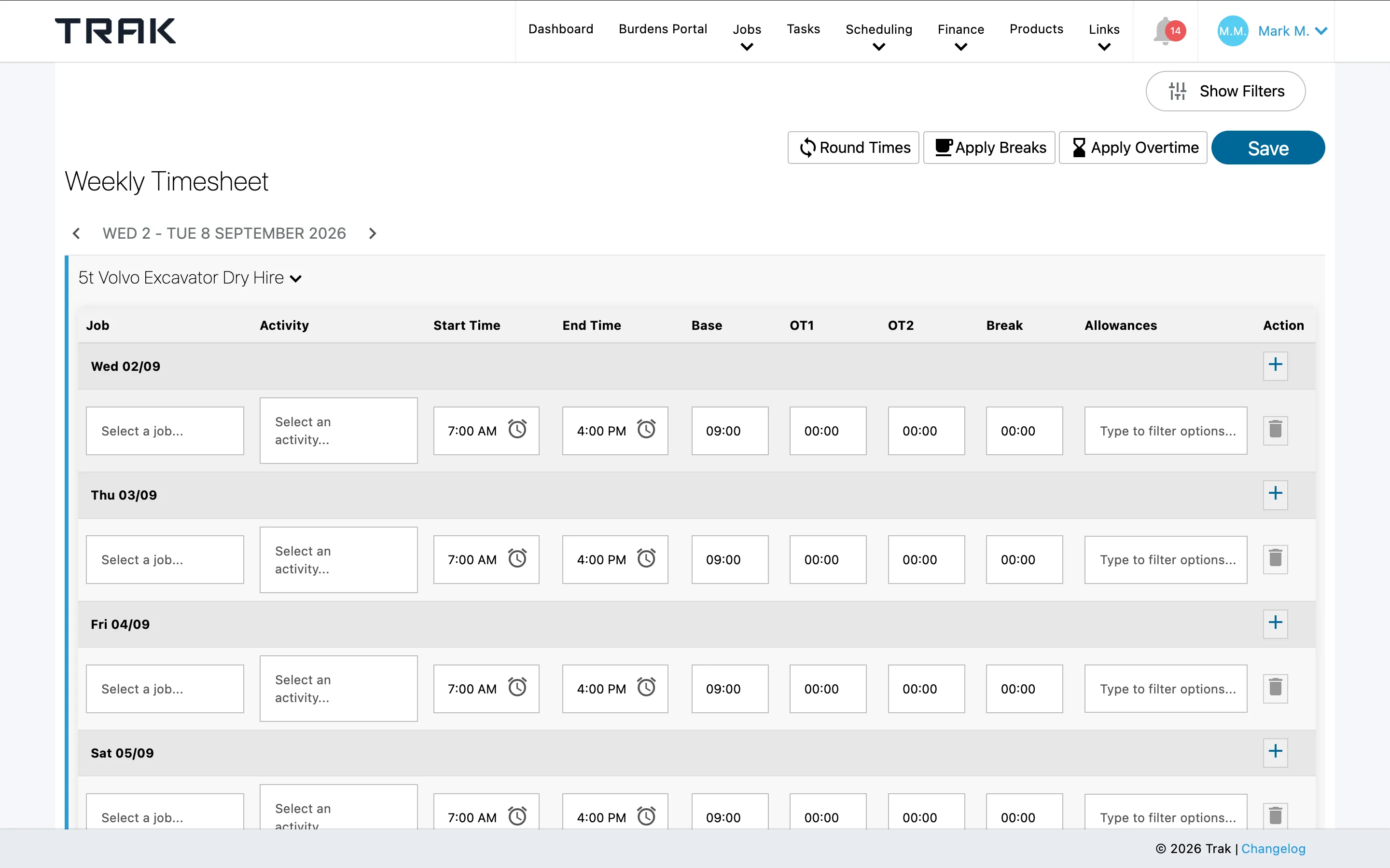 A weekly timesheet in Trak, with start and end times, overtime tiers, breaks and allowances for each day