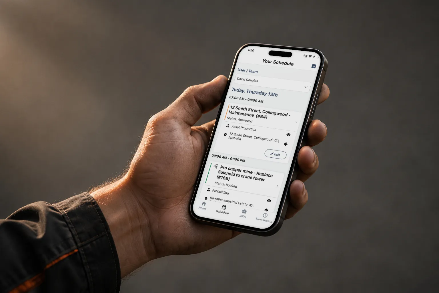 The Trak app open on a phone, showing the day's schedule