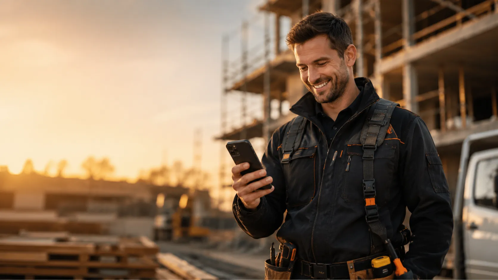 A tradie on a construction site at sunset, checking a job on his phone